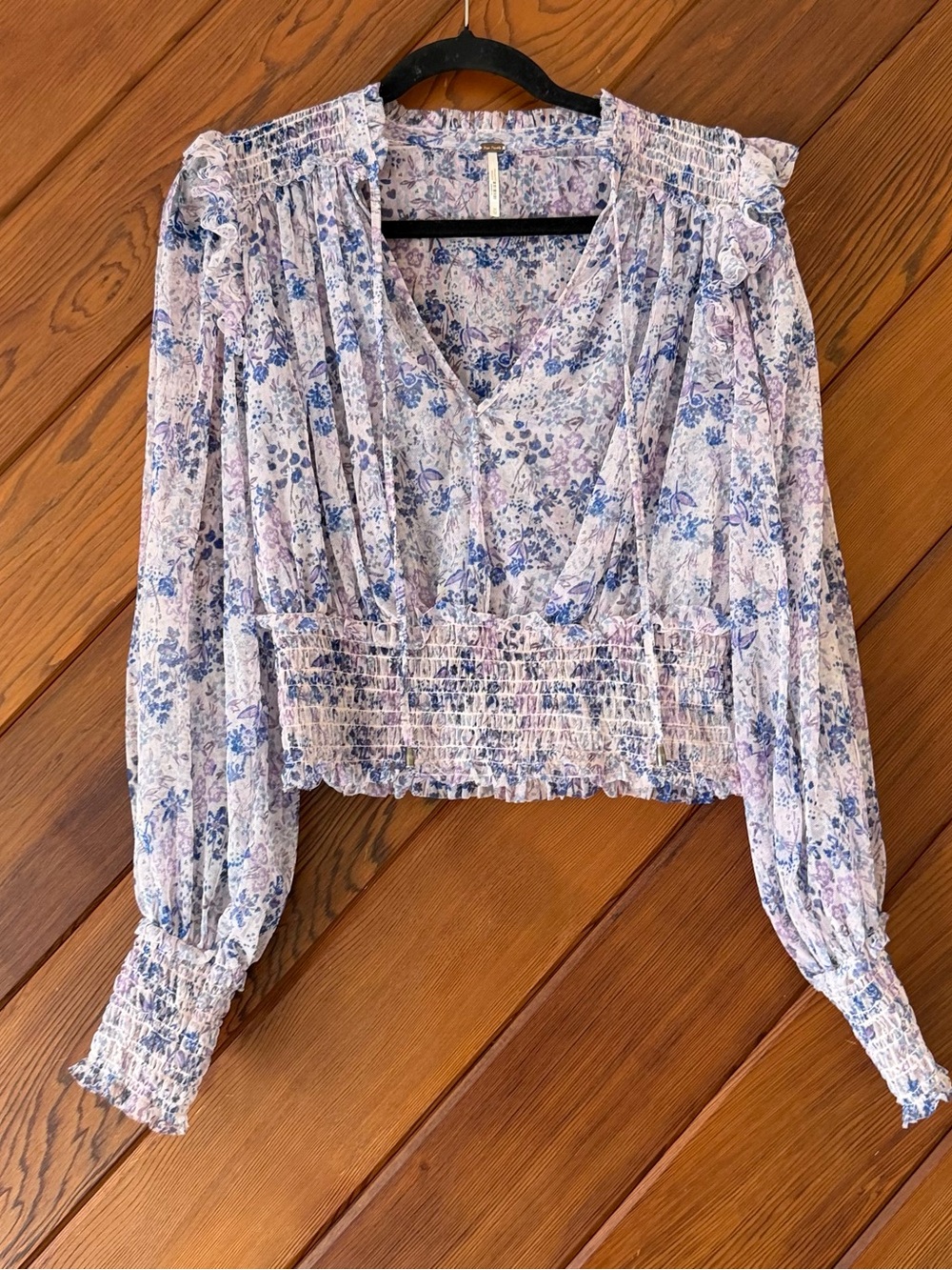 Free People Twyla Floral Mesh Smocked Crop Blouse Long Sleeve Size Medium